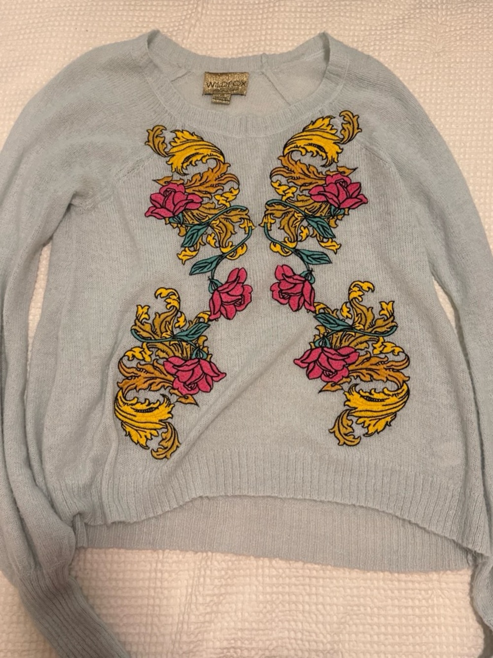 Wildfox Light Blue Crewneck Sweater with Pink & Yellow Embroidered Florals